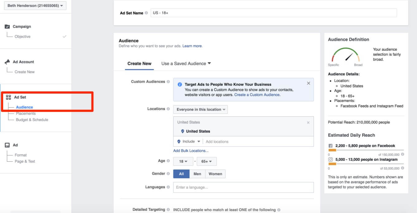 facebook audience ad set