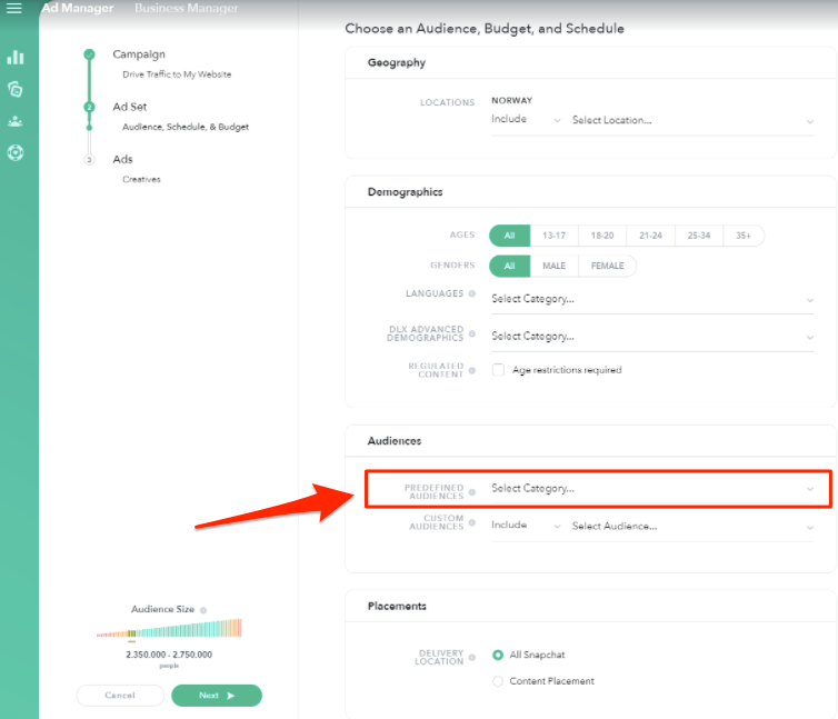 Snapchat ad predefined audience