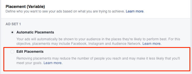 edit Facebook ad placement
