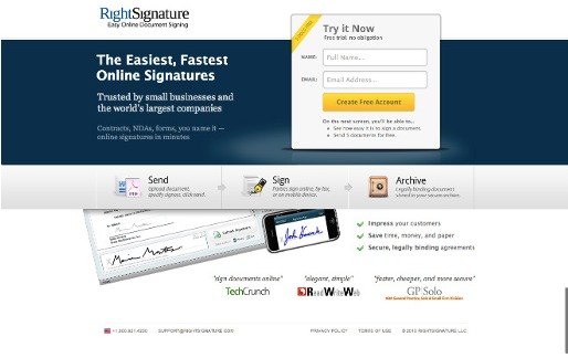 A RightSignature landing page for lead generation