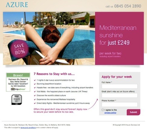 An Azure landing page to promote a vacation offer