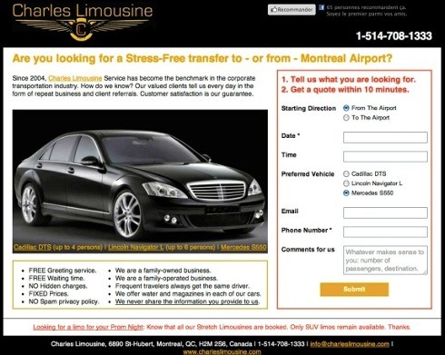 A landing page for Charles Limousines