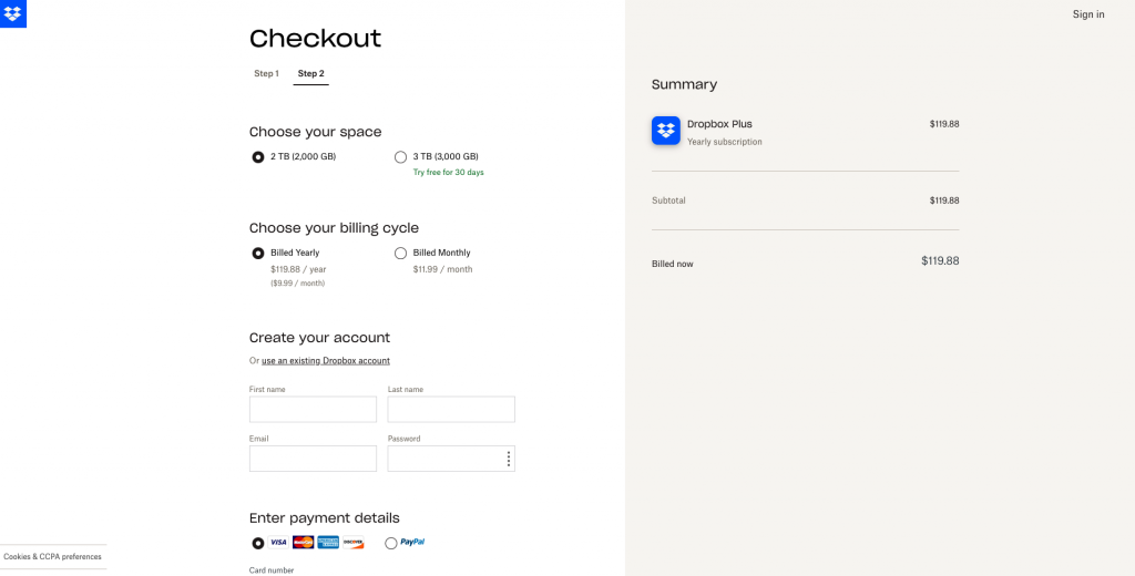 Screenshot of Dropbox's checkout and payment page