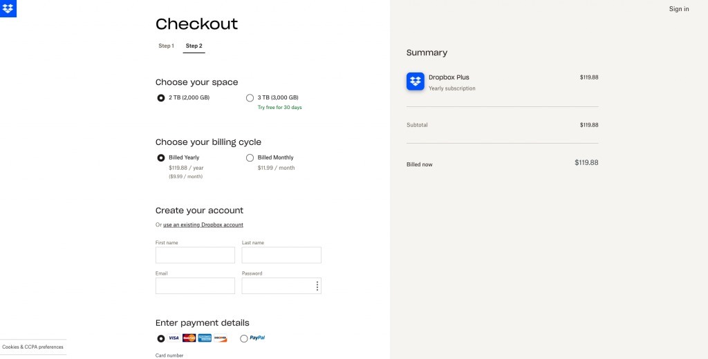 Screenshot of Dropbox's checkout and payment page