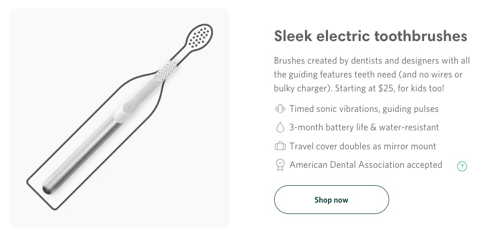 Screenshot of a Quip landing page for their 'Sleek electric toothbrush' product