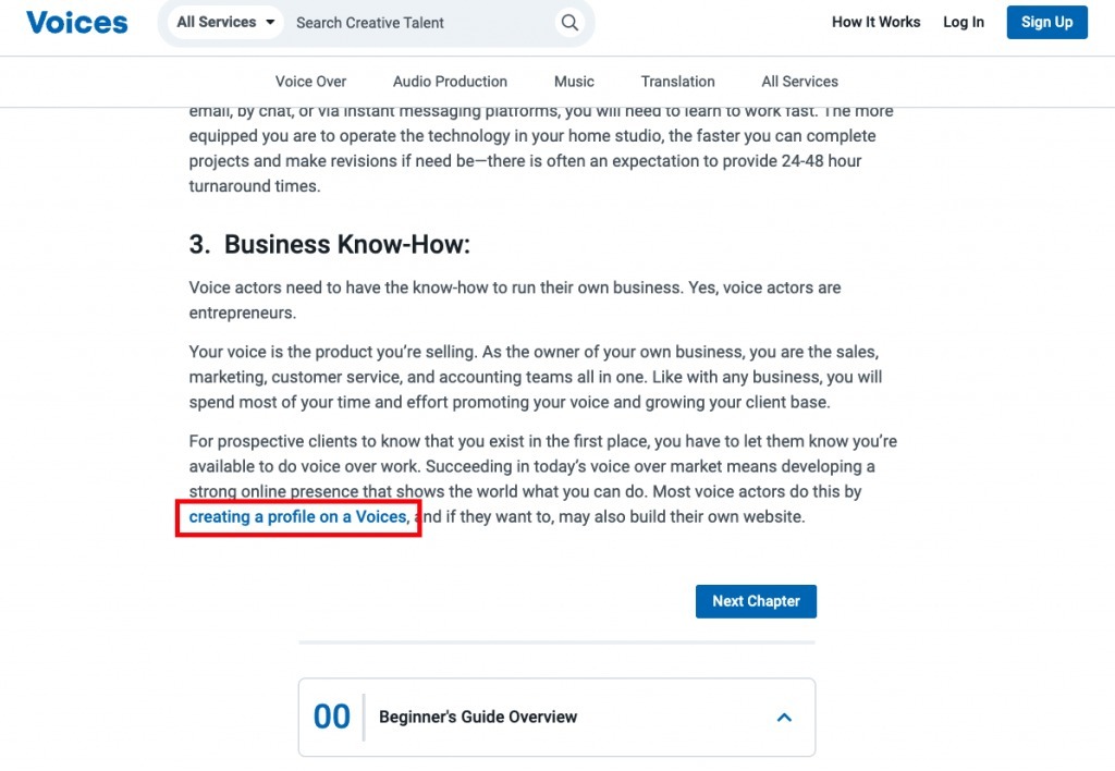 Screenshot of a Voices guide, highlighting a link to their guide to create a profile
