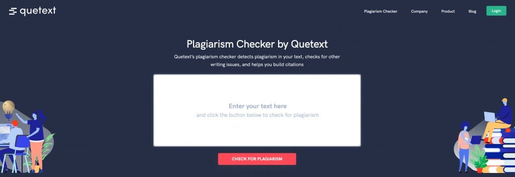 Screenshot of a Quetext landing page for their plagiarism checker