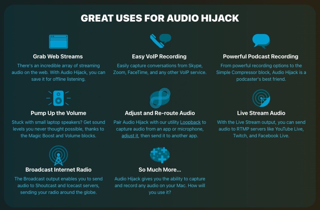 Screenshot of Audio Hijack's product page, showing the various ways to use their product