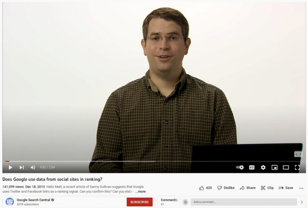 Screenshot of a YouTube video titled "Does Google use data from social sites in ranking?"