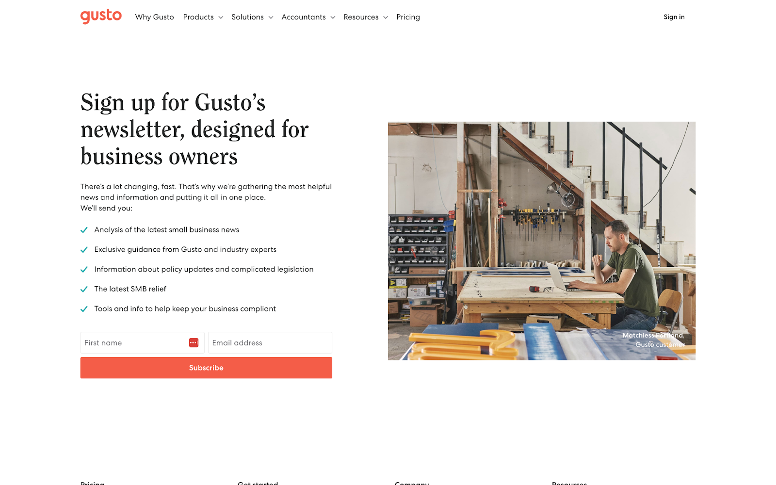 Screenshot of Gusto's homepage