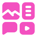 Four pink icons in a 2x2 grid: a photo/landscape icon, a menu/list icon, a chat bubble, and a donut chart.