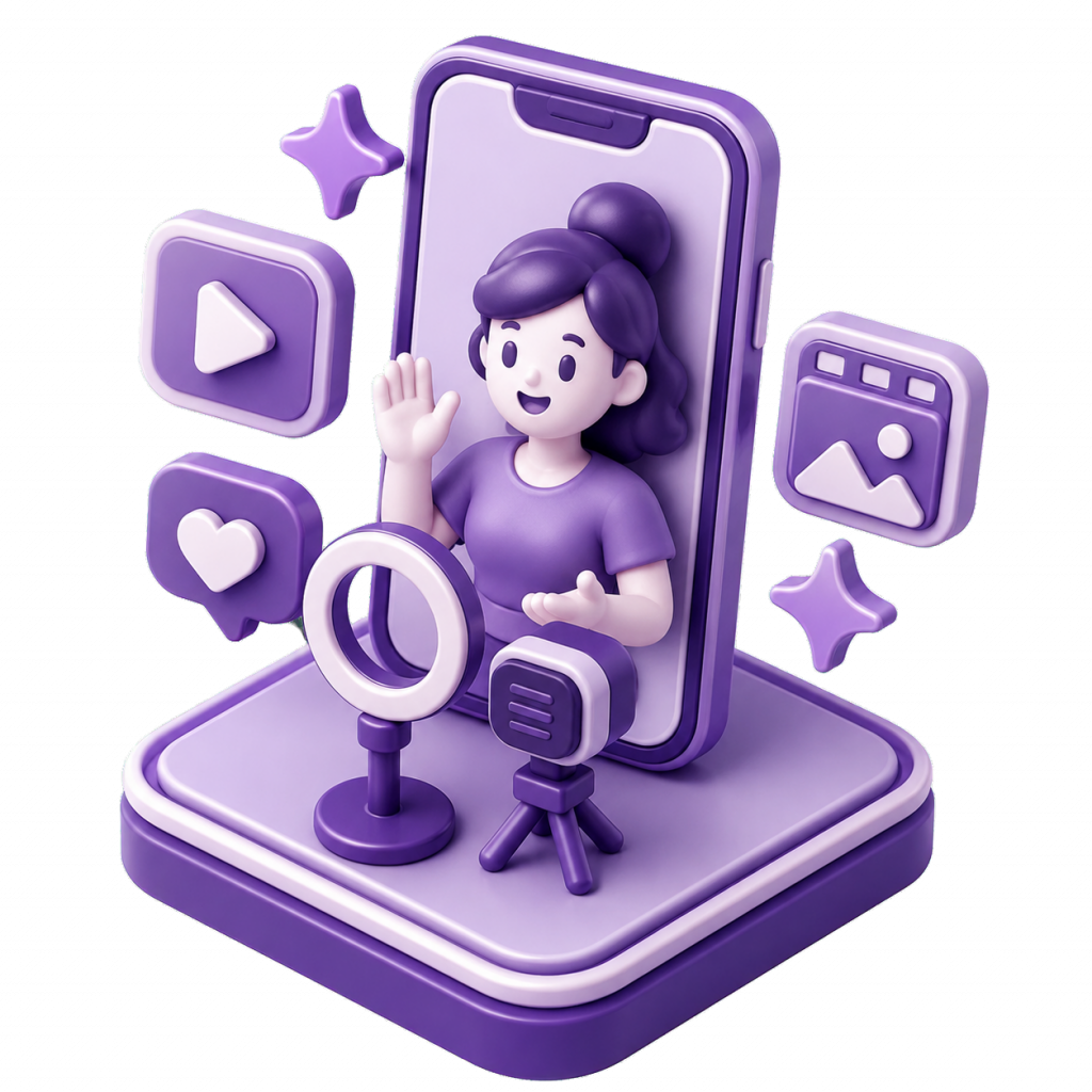 3D illustration of a person on a phone screen hosting a live video with a microphone on a stage and social icons around them.